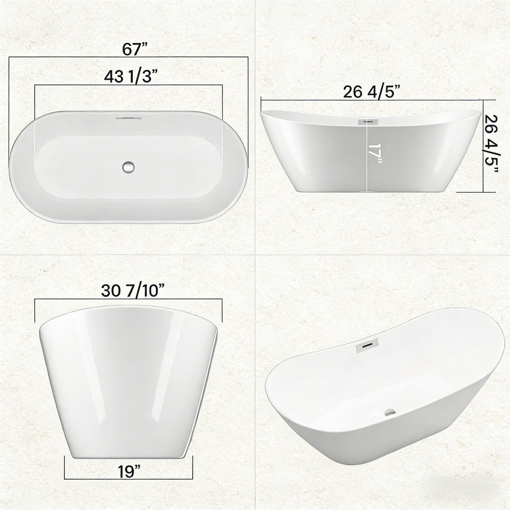 GarveeLife 67 Inch Freestanding Bathtub, Deep Soaking Acrylic Tub for Modern Bathroom, Standalone Soaker with Polished Chrome Overflow and Drain, CUPC Certified, White Glossy Finish