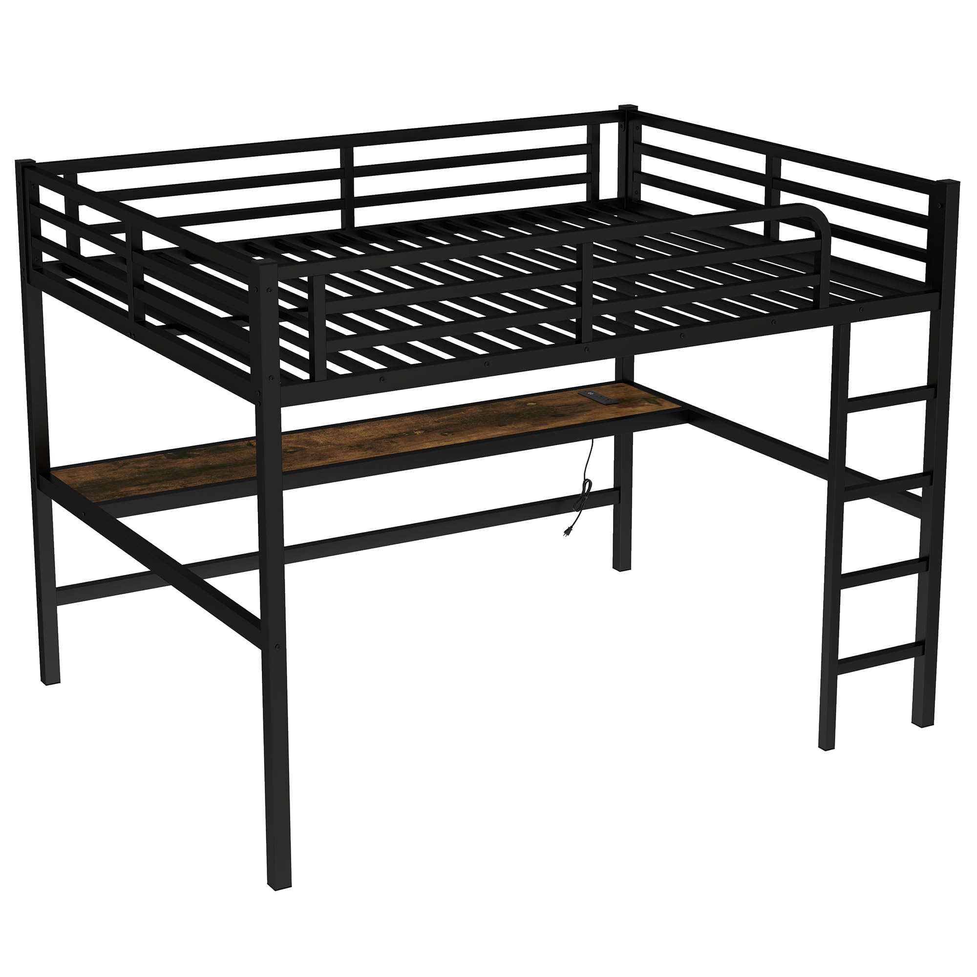 Bellemave Metal Queen Size Loft Bed with Desk and Charging Station,Queen Heavy Duty Loft Bed Frame with LED Lights and USB for Kids,Teens,Adults,Black
