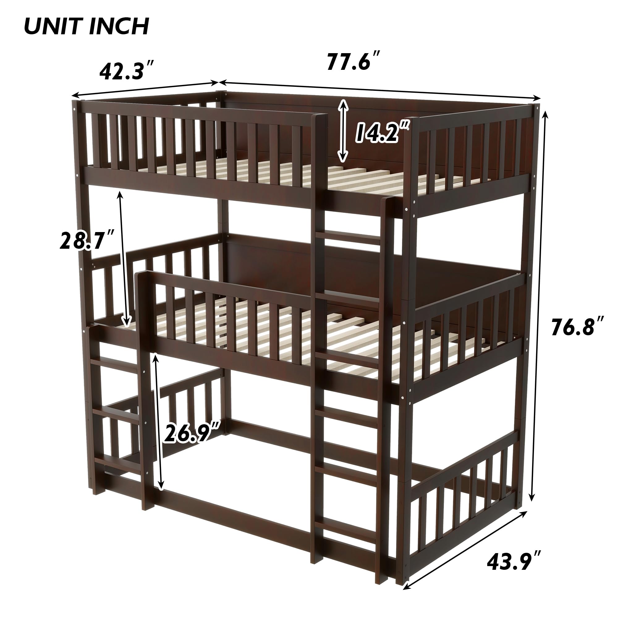 KEIKI Twin Over Twin Over Twin Triple Bunk Bed, Solid Rubber Wood Detachable 3-in-1 Bed Frame with Ladders & Full Guardrails, Space-Saving Boys & Girls Bed for Family & Sleepovers, Espresso