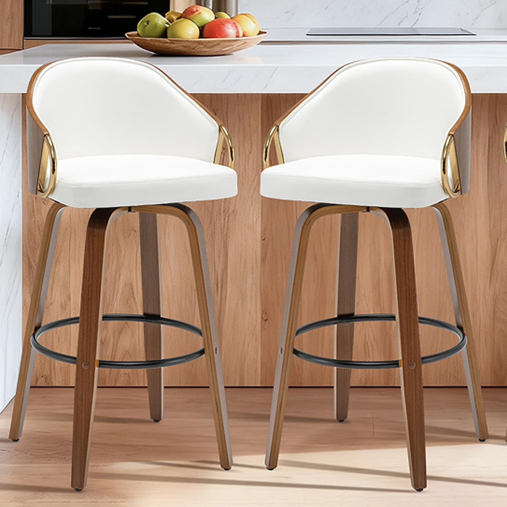 YOUUGIOR 30" Swivel Bar Height Bar Stools Set of 2,White Leather Tall Barstools Mid Century Modern Bar Chairs with Wood Legs and Golden Arms for Kitchen Dining Pub Cafe