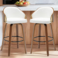 YOUUGIOR 30" Swivel Bar Height Bar Stools Set of 2,White Leather Tall Barstools Mid Century Modern Bar Chairs with Wood Legs and Golden Arms for Kitchen Dining Pub Cafe