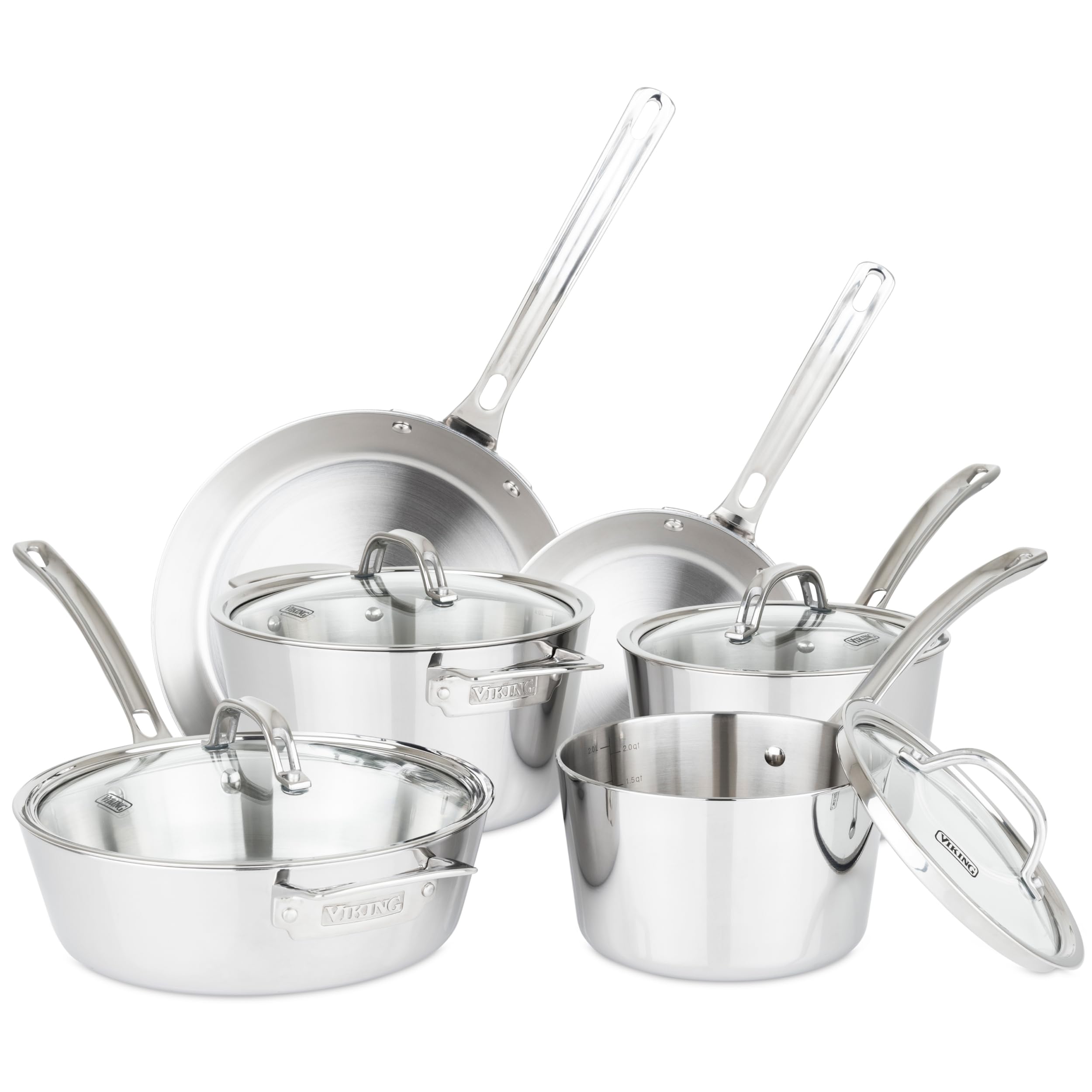 Viking Contemporary 3-Ply Pots and Pans Set, 10 Piece Stainless Steel Kitchen Cookware, Silver