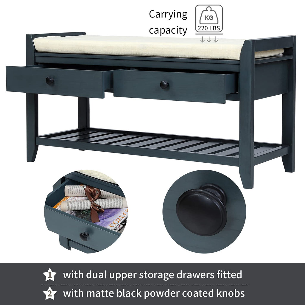 Acosure 42″ Storage Bench with 2 Drawers and 2 Cabinets，Multipurpose Entryway Shoe Rack W/Removable Cushion，for Living Room Hallway Porch,White