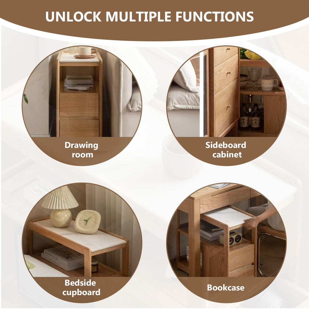 YingjiaLife Couch Side Table,with Scroll Wheels Mobile Dining Side Table,Narrow Bedside Table with Storage Function （Oak Color, 26.77" Dx 11.81" W x 23.23" H for Living Room Bedroom,Restauran Use