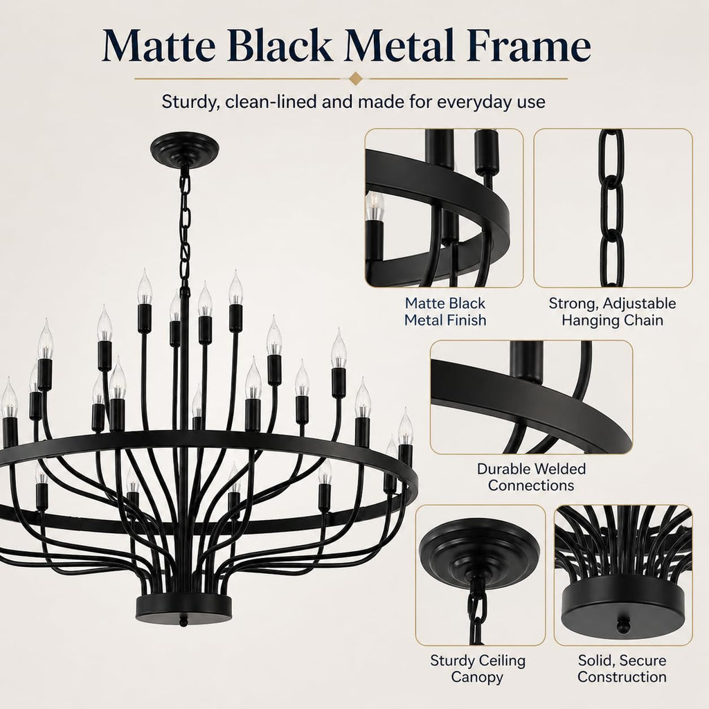 Shandaglo Large Black Chandelier 24-Light, Round 3-Tier Wagon Wheel Fixture, 39 in Farmhouse Candle Pendant with E12 Base for Dining Room, Foyer, Living Room, Hallway, High Ceiling