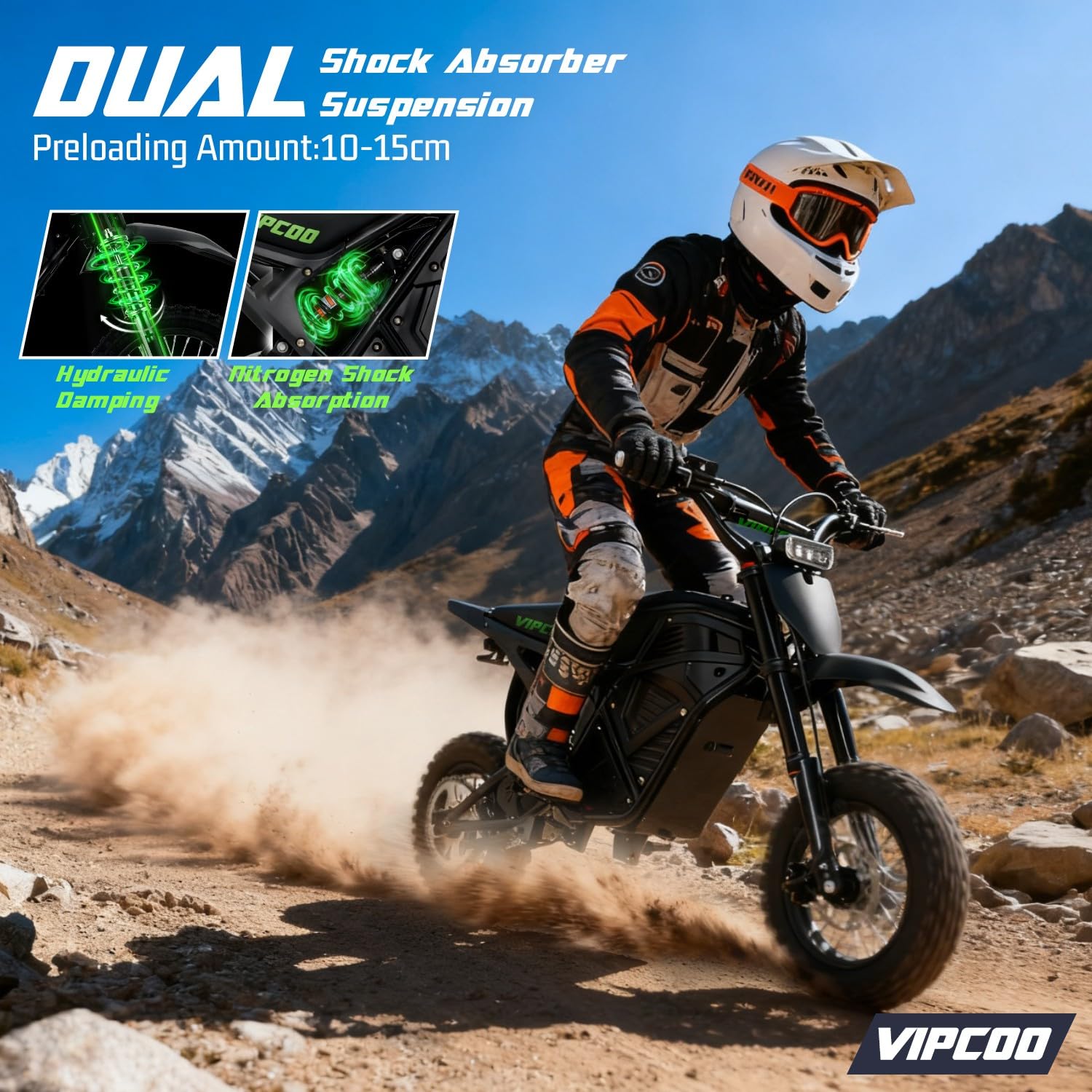 VIPCOO H3 Electric Dirt Bike for Teens and Adults, 3500W Electric Motorcycle, Up to 40MPH / 45° Slope / 45 Miles Range, 14"/12" Fat Tire E Dirt Bike with Nitrogen Suspension Fit Age 13+