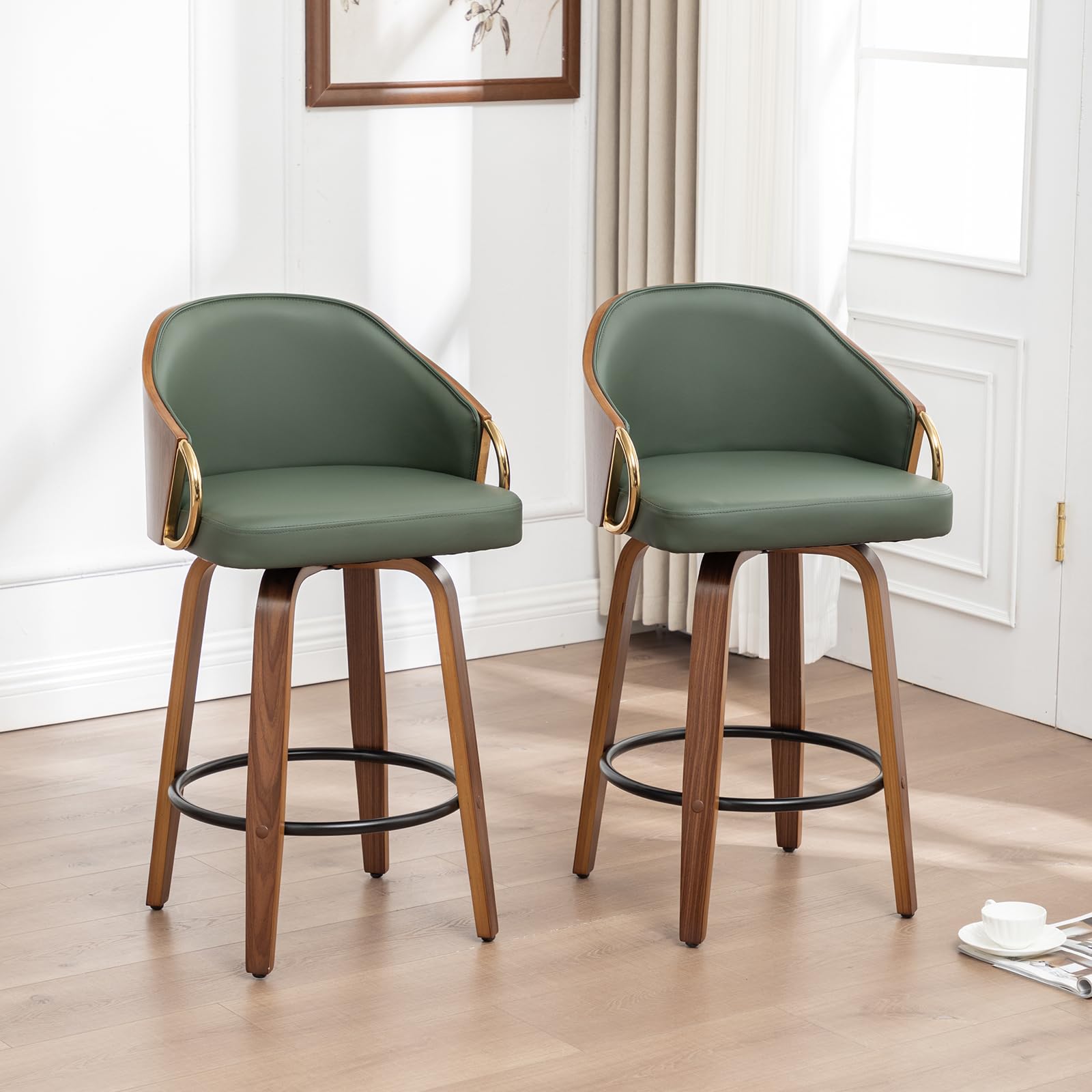 YOUUGIOR 24.8" Swivel Counter Height Bar Stools Set of 3,Green Leather Barstools Mid Century Modern Bar Chairs with Wood Legs and Golden Arms for Kitchen Dining Pub Cafe