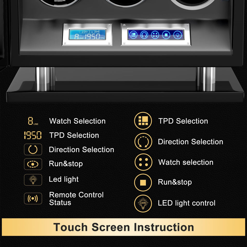 DUKWIN Watch Winder for 3 Automatic Watches,Fingerprint Lock Watch Winders with LCD Touchscreen, Blue LED Light, Remote Control,Adjustable Pillow and Quiet Motor for Universal Watches, 5TPD