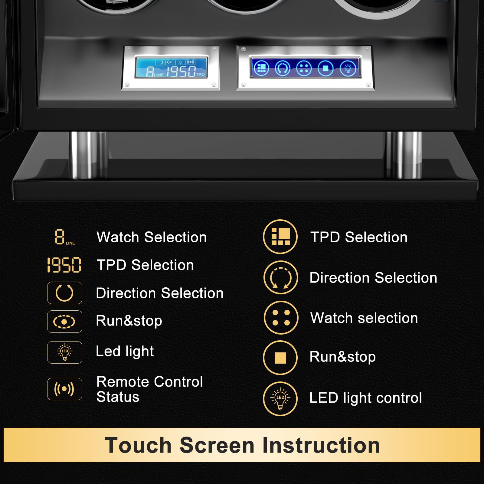 DUKWIN Watch Winder for 6 Automatic Watches, Fingerprint Lock Watch Winders with LCD Touchscreen, Blue LED Light, Remote Control,Adjustable Pillow and Quiet Motor for Universal Watches, 5TPD