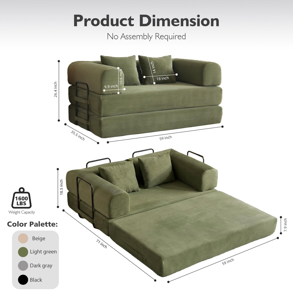 THOLASIS 59in Convertible Sofa Bed, Corduroy Boneless Couch Bed, Futon Sleeper Sofa Pull Out Bed, Foldable Couch for Living Room Apartment, No Assembly Required