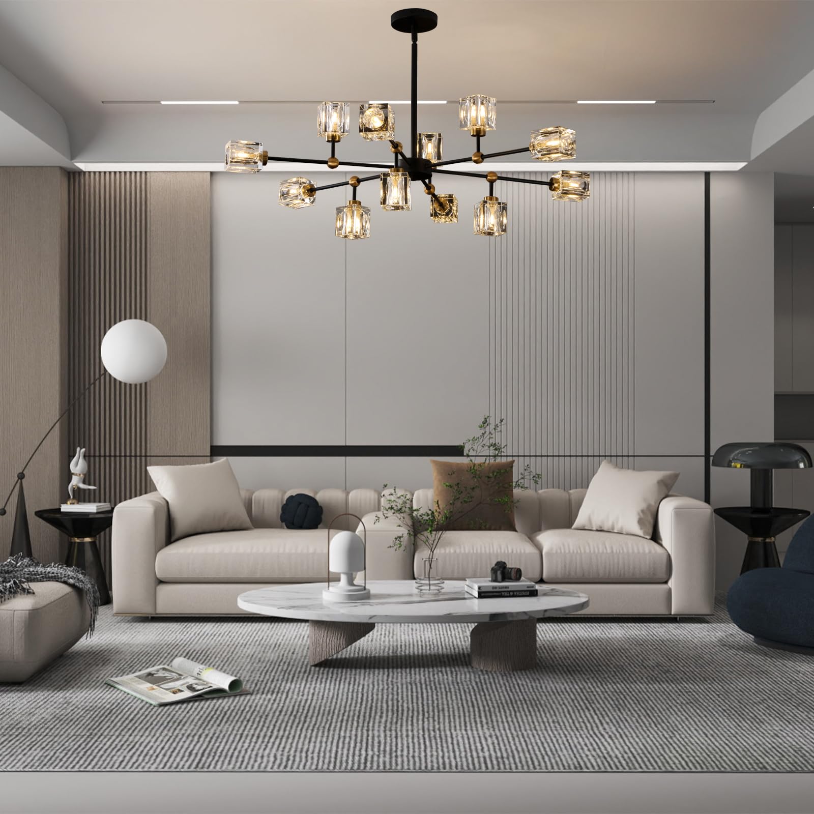 LIXDRASK 12-Light Black Crystal Chandelier Modern Sputnik Chandeliers for Dining Room Adjustable Height Sputnik Ceiling Light Fixture for Living Room Kitchen Island Bedroom