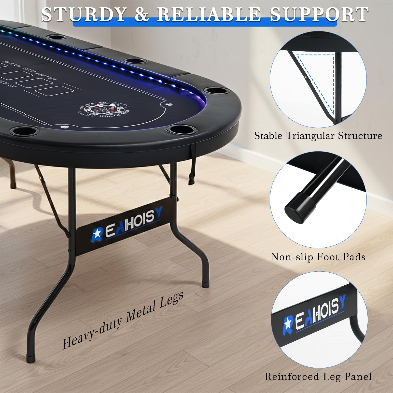 REAHOISY LED Poker Table for 10 Players, 84" Oval Foldable Texas Holdem Casino Table with Tri-Color LED Lights, Board Game Table for Home Game Room with 10 Cup Holders and Padded Armrests