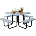 Sunnibety 8-Person Picnic Tables for Outdoors, Industrial 46" Expanded Metal Square Picnic Table with 4 Benches & Umbrella Hole, Outside Table and Bench Set for Garden, Backyard, Porch, Patio, Grey