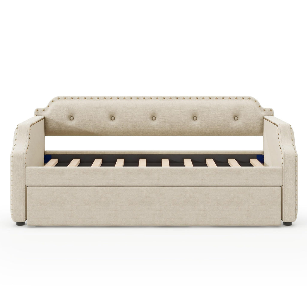 Merax Upholstered Daybed with Trundle, Wood Slat Support,Upholstered Frame Sofa Bed, Twin, Beige