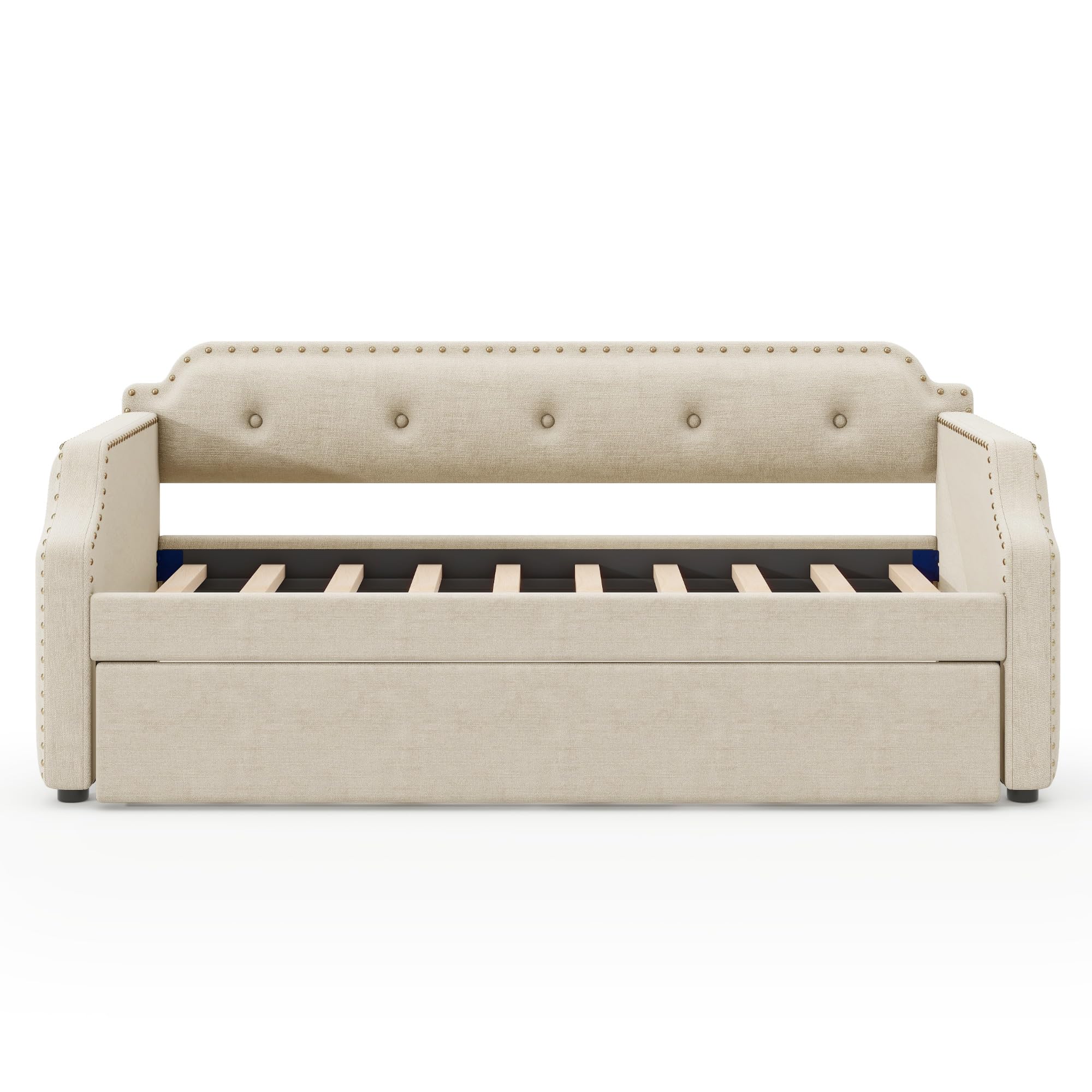 Merax Upholstered Daybed with Trundle, Wood Slat Support,Upholstered Frame Sofa Bed, Twin, Beige