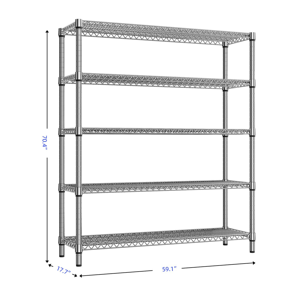 M MZG 3500LBS 59" W 5 Tier Storage Shelves Rack Metal Wire Shelving Unit, Storage Standing Shelf Organizer for Laundry Bathroom Kitchen Pantry Closet Garage, Chrome 17.7" D x 59.1" W x 70.4" H