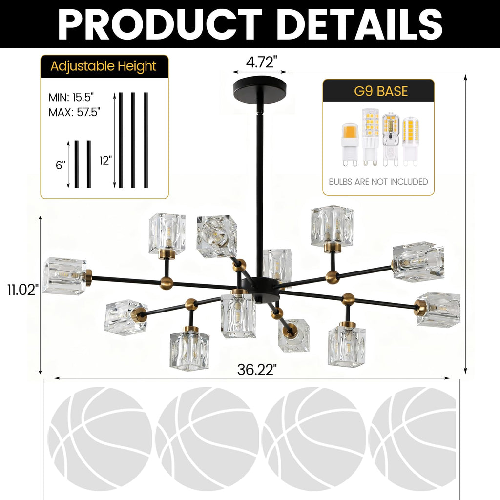 LIXDRASK 12-Light Black Crystal Chandelier Modern Sputnik Chandeliers for Dining Room Adjustable Height Sputnik Ceiling Light Fixture for Living Room Kitchen Island Bedroom