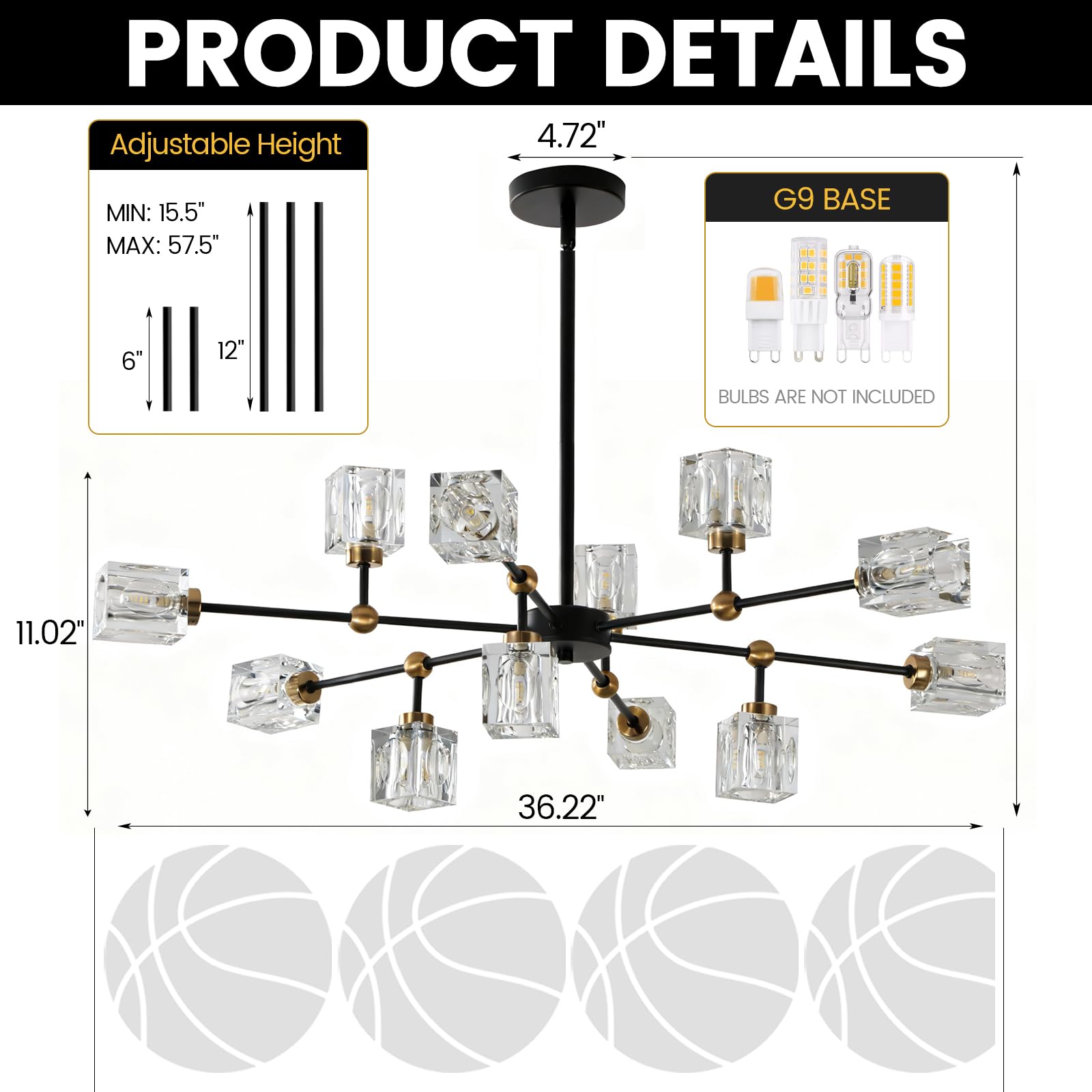 LIXDRASK 12-Light Black Crystal Chandelier Modern Sputnik Chandeliers for Dining Room Adjustable Height Sputnik Ceiling Light Fixture for Living Room Kitchen Island Bedroom