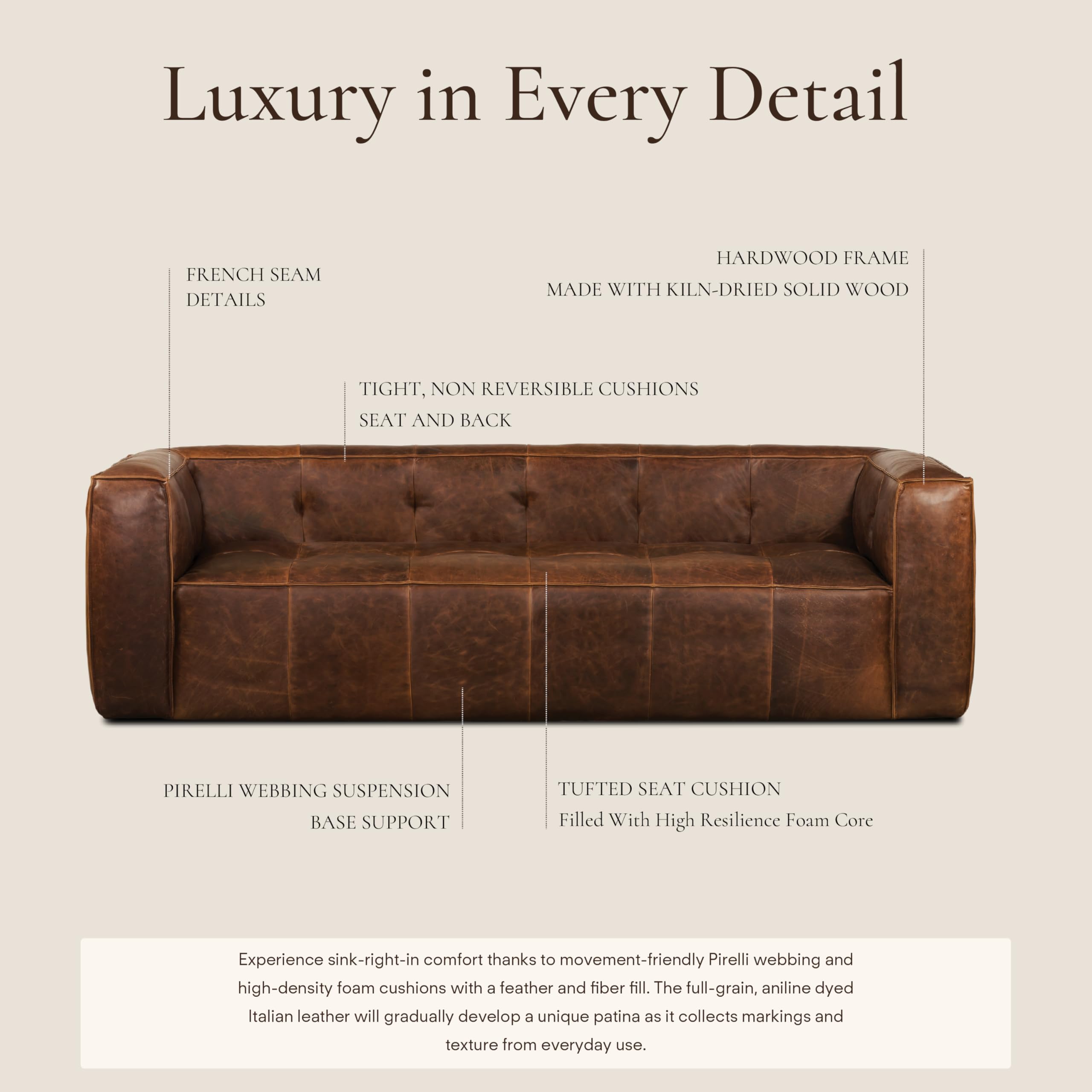 POLY & BARK Capa 96.5" Sofa – Chocolate Brown Full-Grain Pure-Aniline Italian Leather, Boxy Modern Design, Feather-Fiber Cushions, Solid Wood Frame