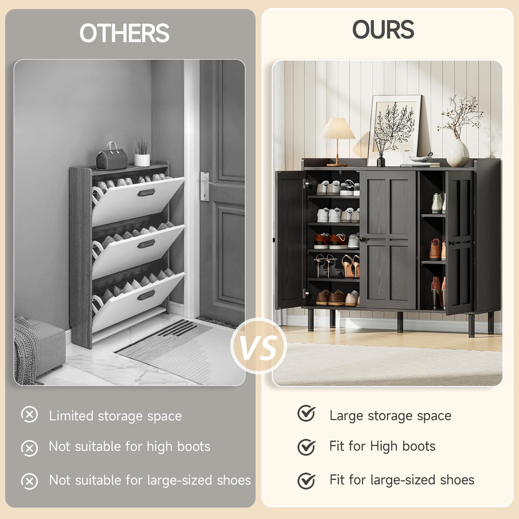 ONBRILL Shoe Cabinet with 3 Doors and Adjustable Shelves, 30 Pairs Shoe Storage Cabinet, 40 Inch Tall Farmhouse Shoe Rack Shoe Organizer Cabinet for Entryway Living Room Closet, Black