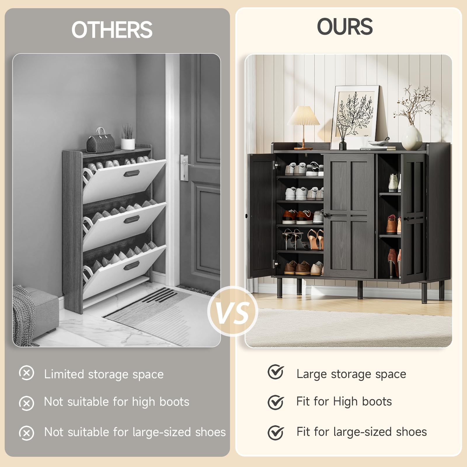 ONBRILL Shoe Cabinet with 3 Doors and Adjustable Shelves, 30 Pairs Shoe Storage Cabinet, 40 Inch Tall Farmhouse Shoe Rack Shoe Organizer Cabinet for Entryway Living Room Closet, Black