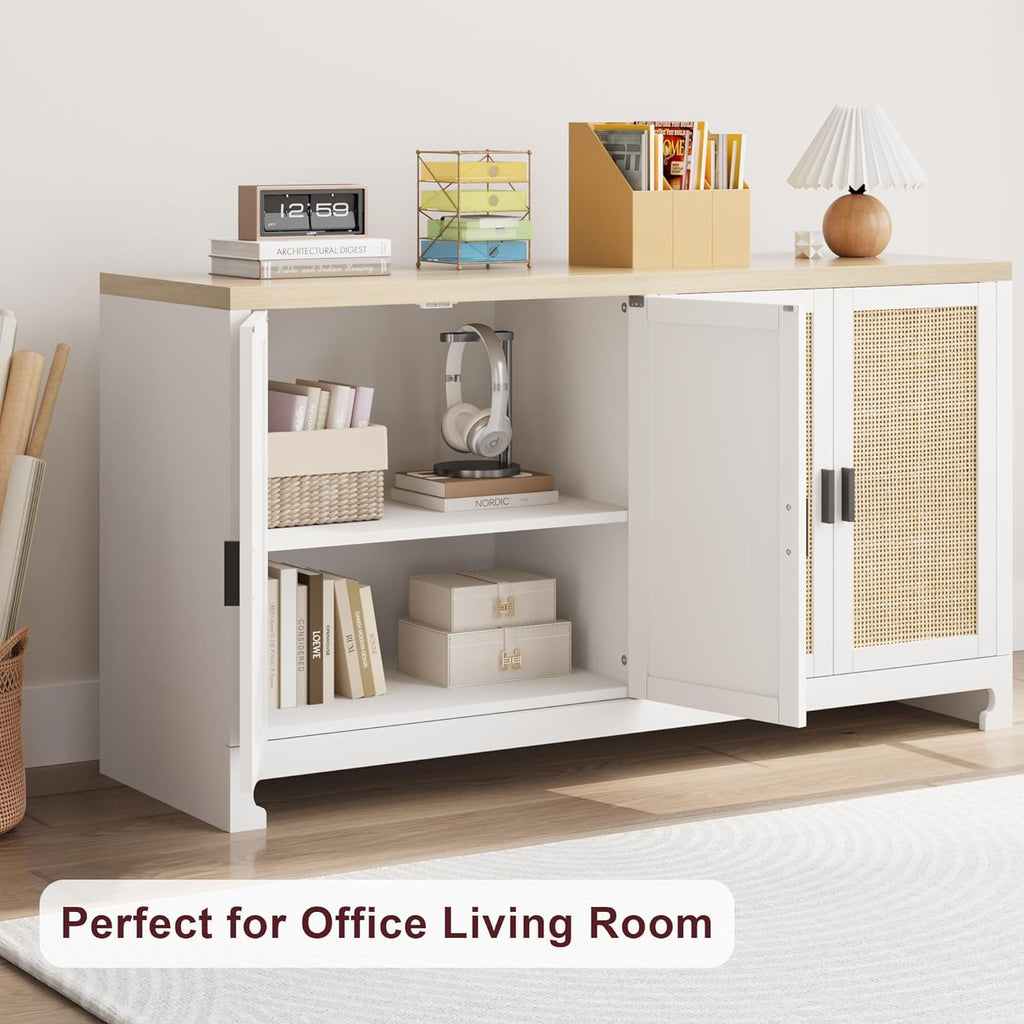 GarveeHome 60 in Farmhouse Rattan Buffet Cabinet - 4-Door Woven Storage Sideboard with Adjustable Shelves, Kitchen Console Table for Dining Room & Living Room Entryway (White & Brown)