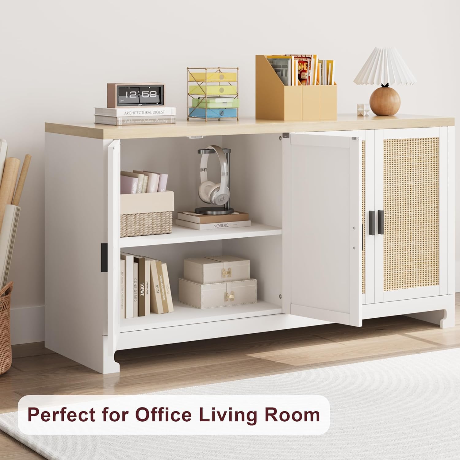 GarveeHome 60 in Farmhouse Rattan Buffet Cabinet - 4-Door Woven Storage Sideboard with Adjustable Shelves, Kitchen Console Table for Dining Room & Living Room Entryway (White & Brown)
