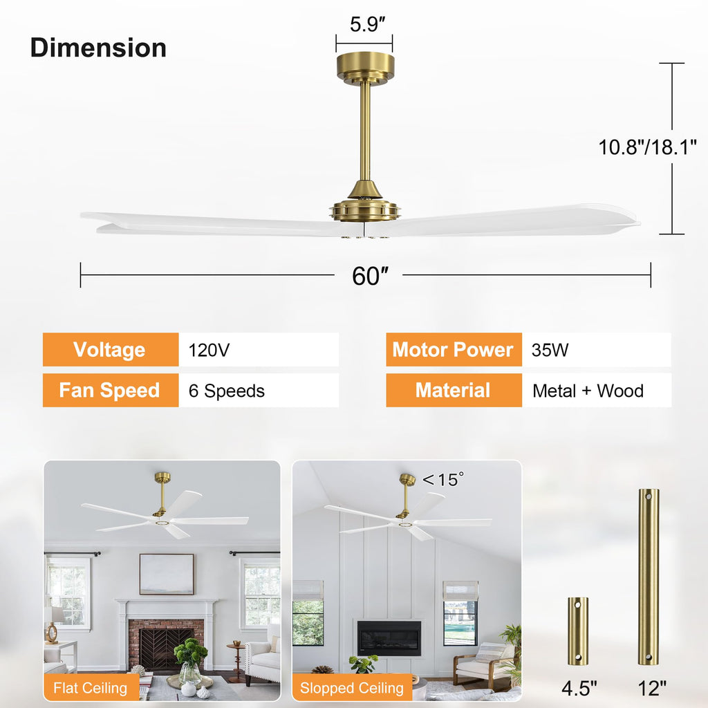 WINGBO 60 Inch Ceiling Fan without Light - 5 Carved Solid Wood Blades, 6-Speed Reversible DC Motor, Noiseless Remote Control Ceiling Fan No Light for Bedroom Living Room Kitchen, Gold and White
