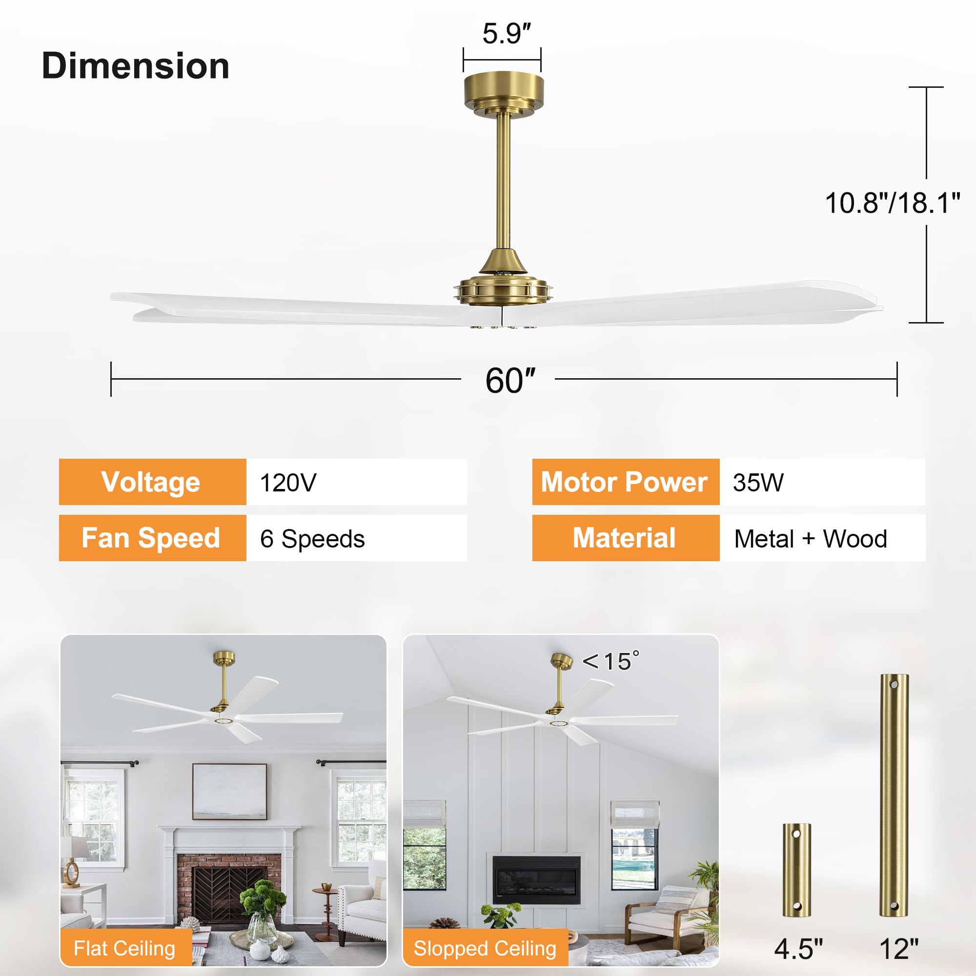 WINGBO 60 Inch Ceiling Fan without Light - 5 Carved Solid Wood Blades, 6-Speed Reversible DC Motor, Noiseless Remote Control Ceiling Fan No Light for Bedroom Living Room Kitchen, Gold and White