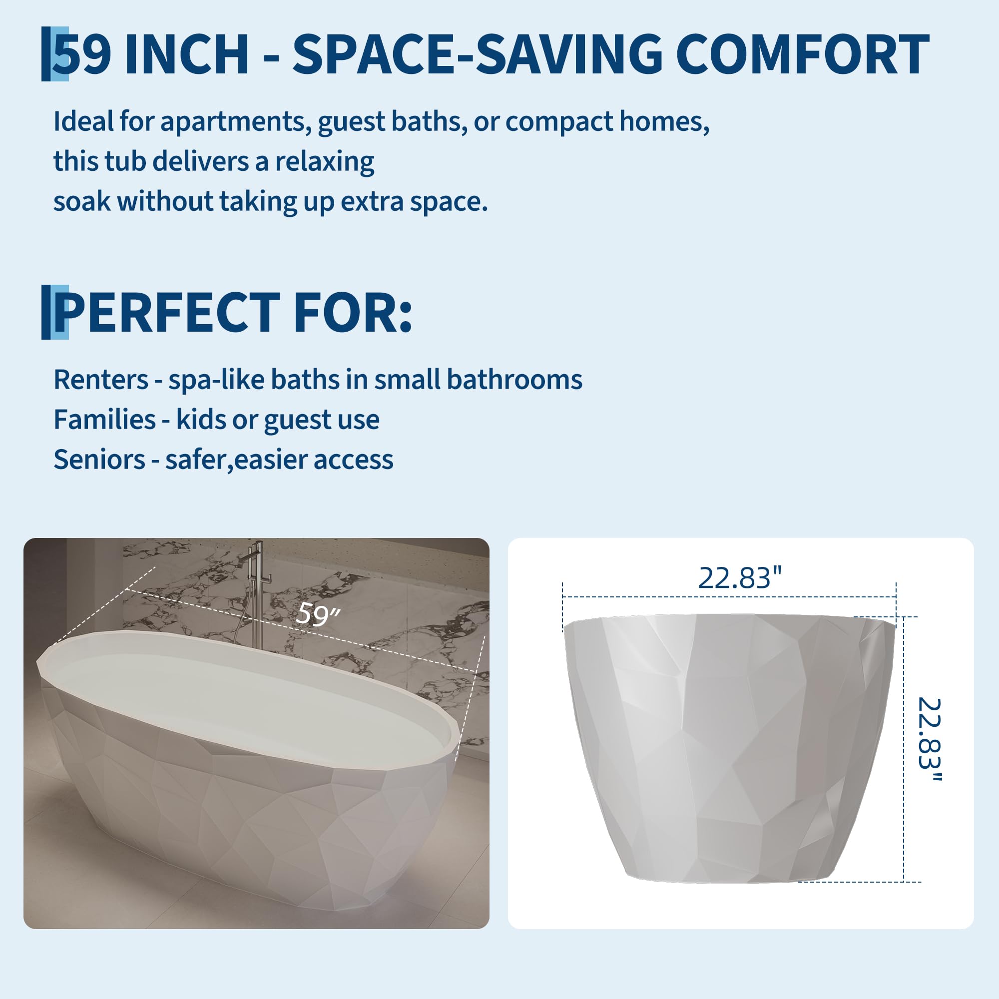 Freestanding Bathtub 59", Diamond Shape Acrylic Tub with Chrome Overflow & Pop-Up Drain, Modern White Soaking Tub for Bathroom
