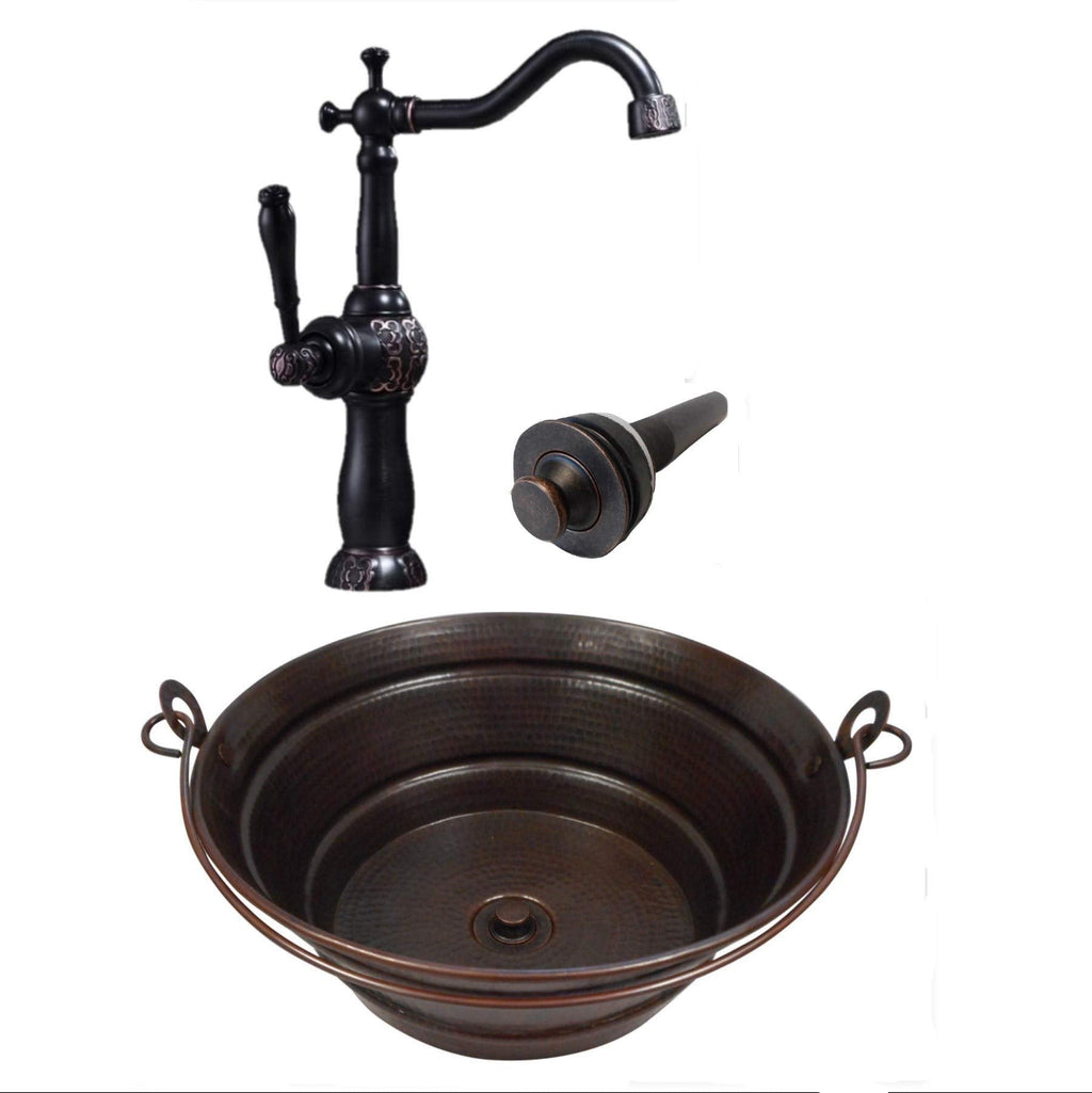 Simply Copper 15" Round Vintage Look Copper Bucket Vessel Sink with LT Drain and 13" ORB Claymore Vessel Filler Faucet