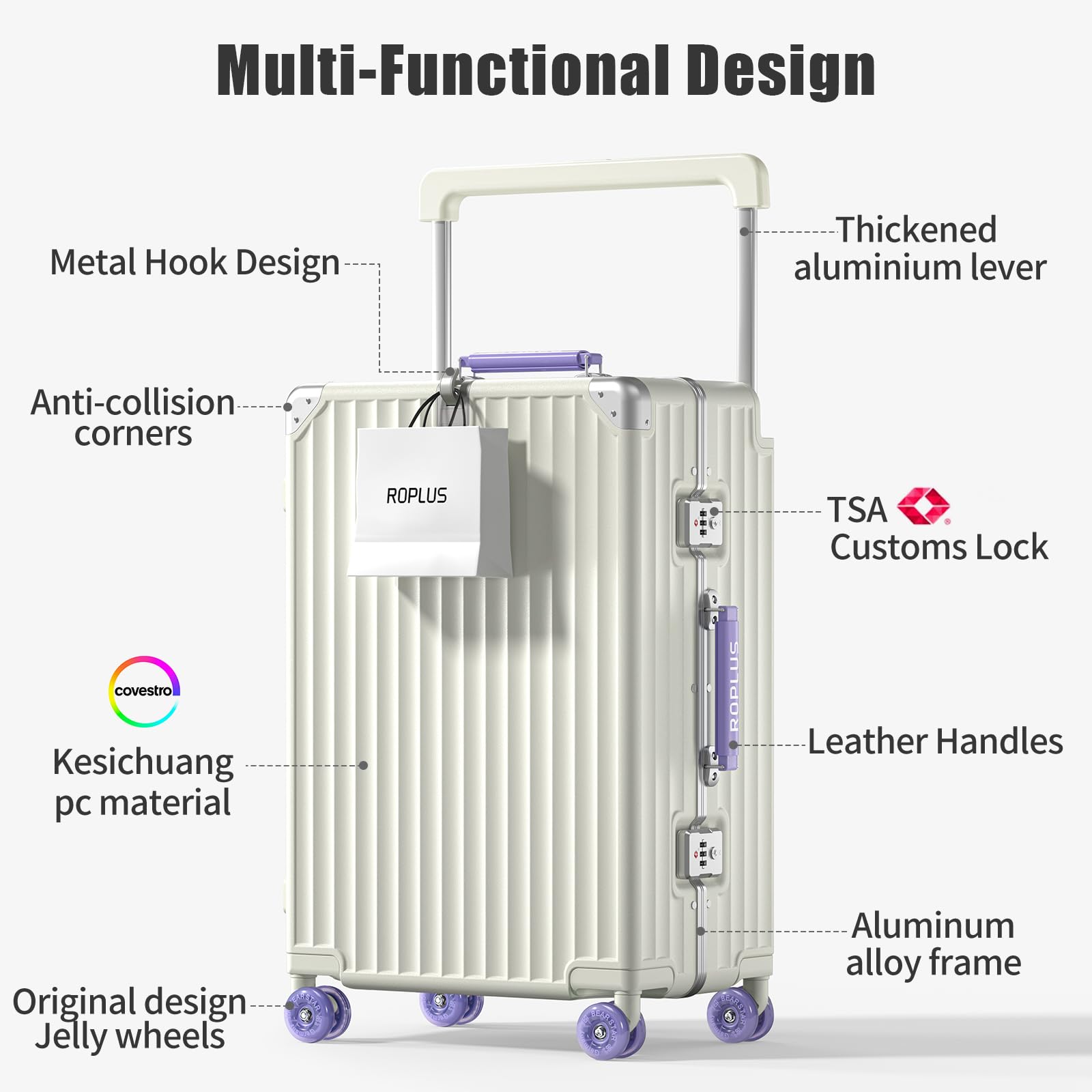 ROPLUS Aluminium Frame Checked-Luggage with Smooth Jelly Wheels, Hardside Zipperless Rolling Suitcase with TSA Lock (WhitePurple, 28-Inch)