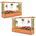 Giantex 2 Pcs Raised Garden Bed with Trellis & Hanging Roof, Wood Planter Box with Bottom & Drainage Holes, Freestanding Garden Planter for Flower Fruit Vegetable Herb Climbing Vine (77"x14.5"x45")