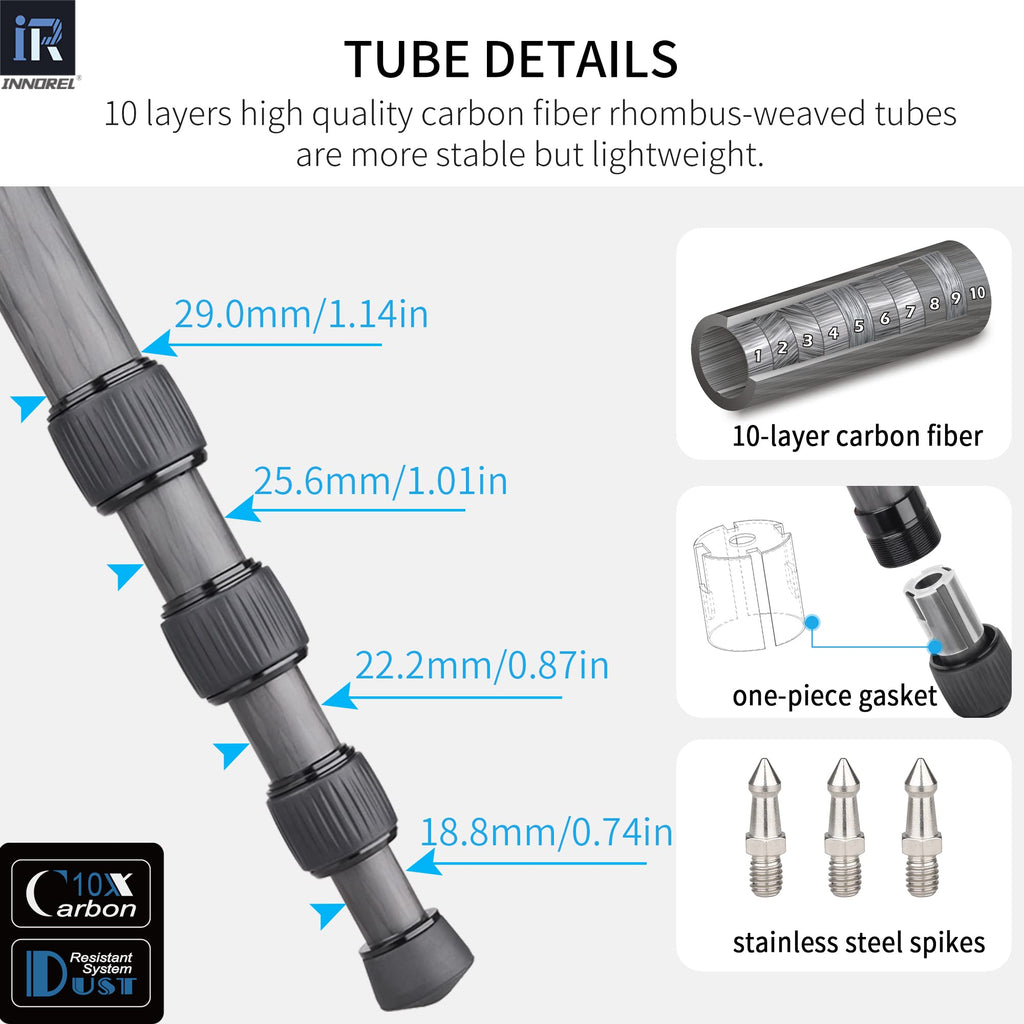 Carbon Fiber Tripod-RT75CG Super Professional Tripod Monopod Heavy Duty Compact Stand Support with 44mm/1.73in Low Gravity Center 360°Panoramic ballhead for Digital DSLR Camera, max Load 20kg/44lb