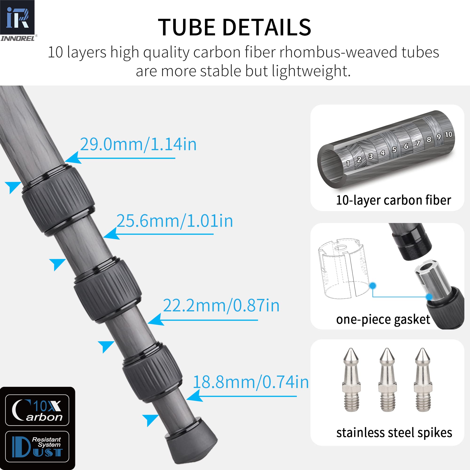 Carbon Fiber Tripod-RT75CG Super Professional Tripod Monopod Heavy Duty Compact Stand Support with 44mm/1.73in Low Gravity Center 360°Panoramic ballhead for Digital DSLR Camera, max Load 20kg/44lb
