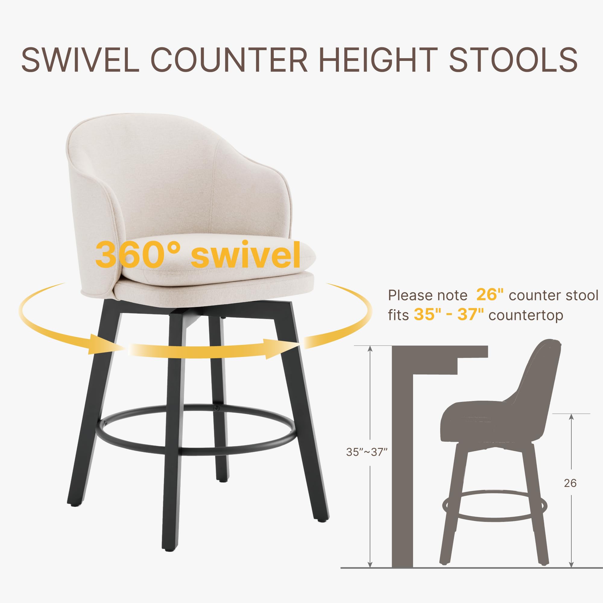 Counter Height Barstools 26 inch Upholstered Swivel Bar Stools with Back and Wood Legs for Kitchen Island,Set of 2,Beige Fabric