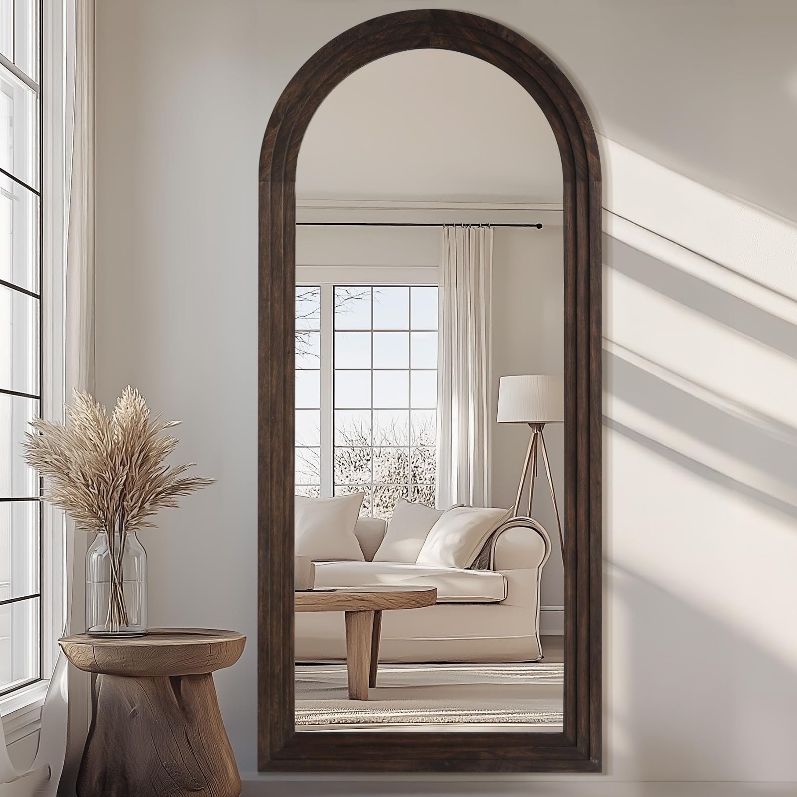 MELOMOIR Arched Full Length Mirror with Solid Wood Frame, 71"x32" Rustic Farmhouse Large Floor Mirror with Stand, Free Standing Leaning Hanging, for Bedroom Living Room Dressing Room Entryway, Brown