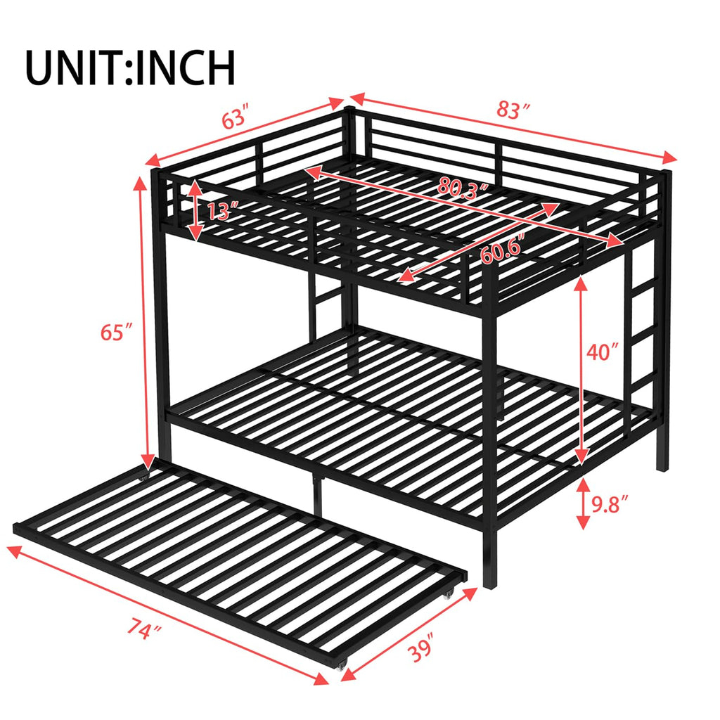 STERXONE Upgraded Version Thicken Metal Heavy Duty Queen Over Queen Bunk Bed with Twin Size Trundle, Stronger Steel Bunk Bed with Ladder for Adults, Easy Assembly (Queen Over Queen)