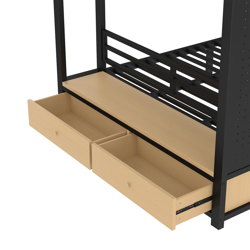 Bellemave Queen Over Queen Metal Bunk Bed with Storage Drawers and Shelves, Heavy Duty Bunk Beds with Pegboard and Coat Rack for Kids, Adults,Black