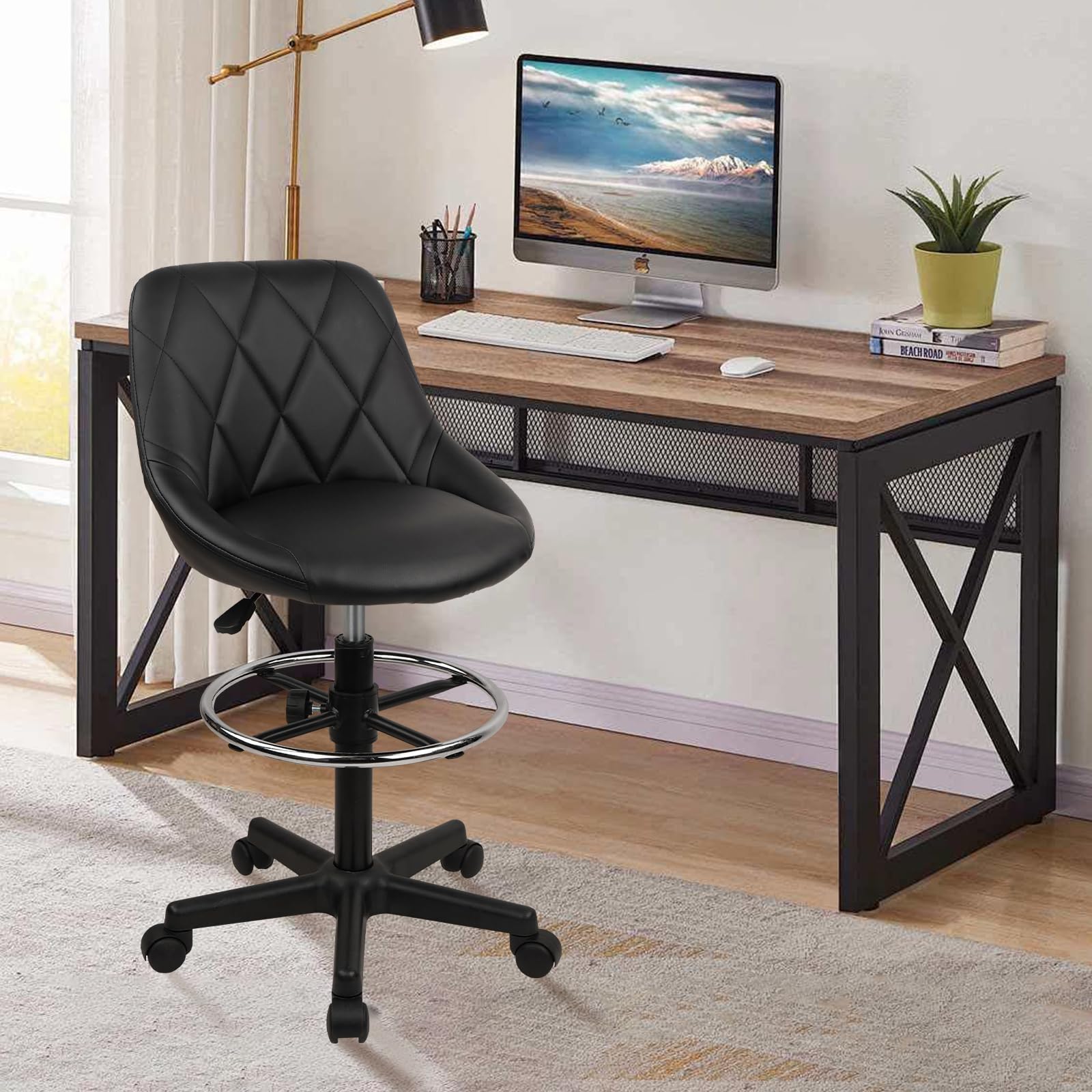 KLASIKA Drafting Chair with Backrest and Wheels, Adjustable Footrest Height Rolling Stool, PU Leather Tall Swivel Chairs Work Shop Office Desk Stools for Kitchen Home Bar, Black, 4 Pack