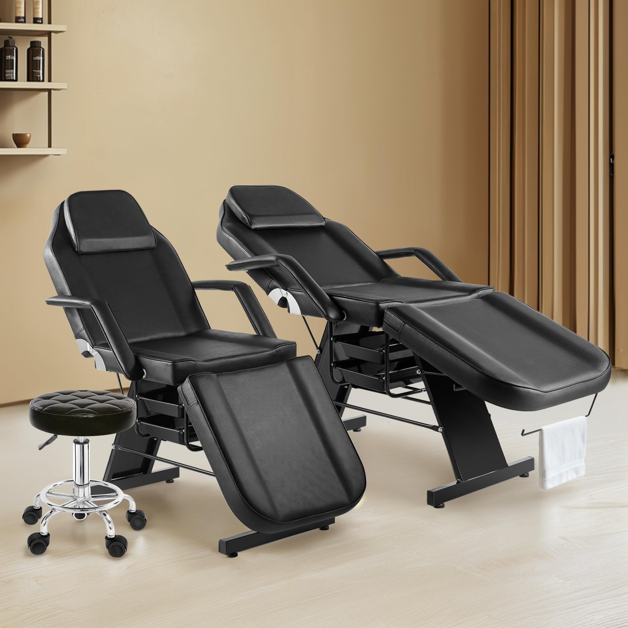 KIIUMI Tattoo Chair for Client, Esthetician Facial Bed with Hydraulic Stool, Lash Massage Table with 2-Tray, Multi-Purpose Black Lash Bed for Artist Spa Salon Beauty Equipment, Black