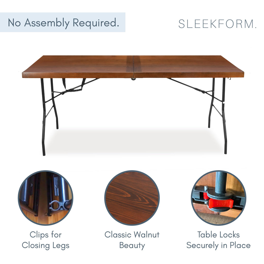 Sleekform 6ft Wooden Folding Table with Handle, Wood Folding Banquet Tables for Dinner - 6 Foot x 28 in, Portable, Sturdy & Lightweight Foldable Table for Dinner, Conference or Picnic - Walnut