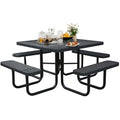 Sunnibety 8-Person Picnic Tables for Outdoors, Industrial 46" Expanded Metal Square Picnic Table with 4 Benches & Umbrella Hole, Outside Table and Bench Set for Garden, Backyard, Porch, Patio, Black