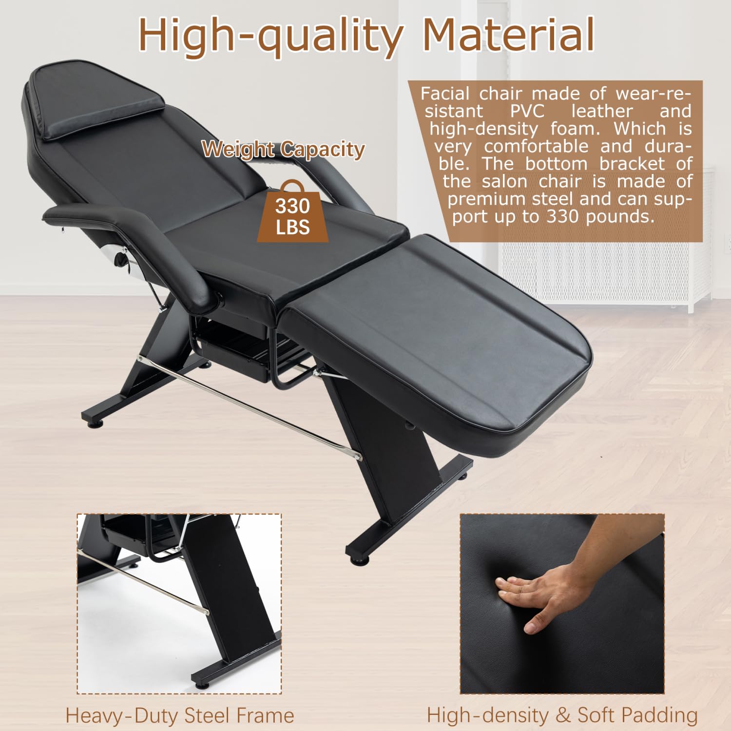 Geelife Massage Salon Tattoo Chair with Hydraulic Stool, Multi-Purpose 3-Section Facial Bed Table, Adjustable Beauty Barber Spa Equipment, Black