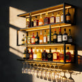 70.8IN Large Wall Mounted Wine Rack with LED Light,Metal 4 Tier Floating Wine Shelf with Glass Holder,Industrial Bar Shelf Wall Mounted Liquor Shelf Wall Mounted for Home Bar (Black 70.8in/180cm)