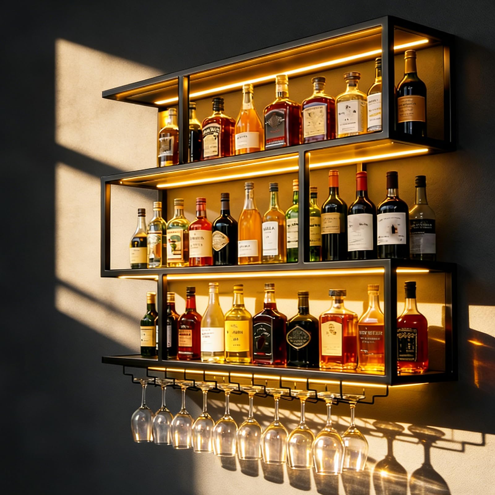 70.8IN Large Wall Mounted Wine Rack with LED Light,Metal 4 Tier Floating Wine Shelf with Glass Holder,Industrial Bar Shelf Wall Mounted Liquor Shelf Wall Mounted for Home Bar (Black 70.8in/180cm)