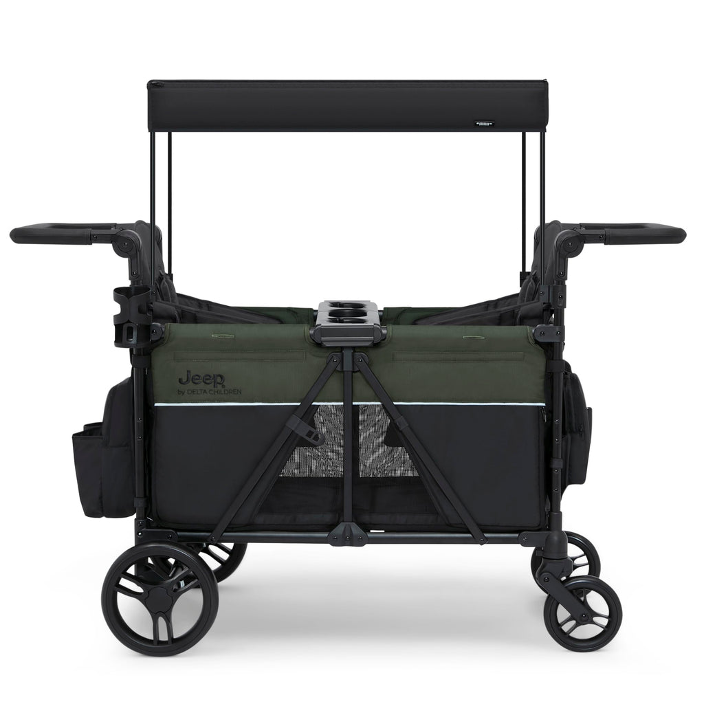 Jeep Aries Stroller Wagon by Delta Children Premium Wagon for 2 Kids with Convertible Seats, Adjustable Push/Pull Handles, Removable Canopy & Flat Fold - Greenguard Gold Certified, Black/Green