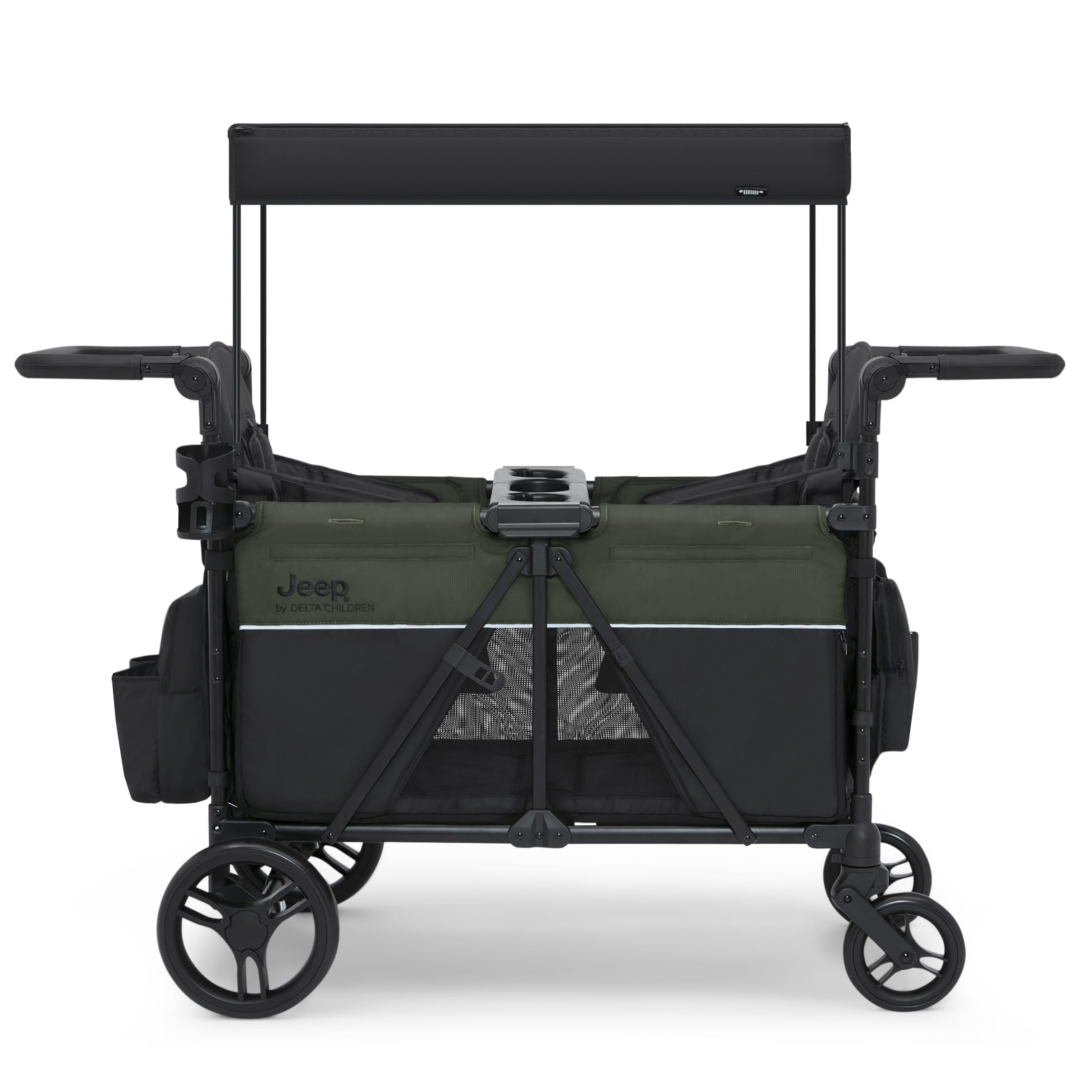 Jeep Aries Stroller Wagon by Delta Children Premium Wagon for 2 Kids with Convertible Seats, Adjustable Push/Pull Handles, Removable Canopy & Flat Fold - Greenguard Gold Certified, Black/Green