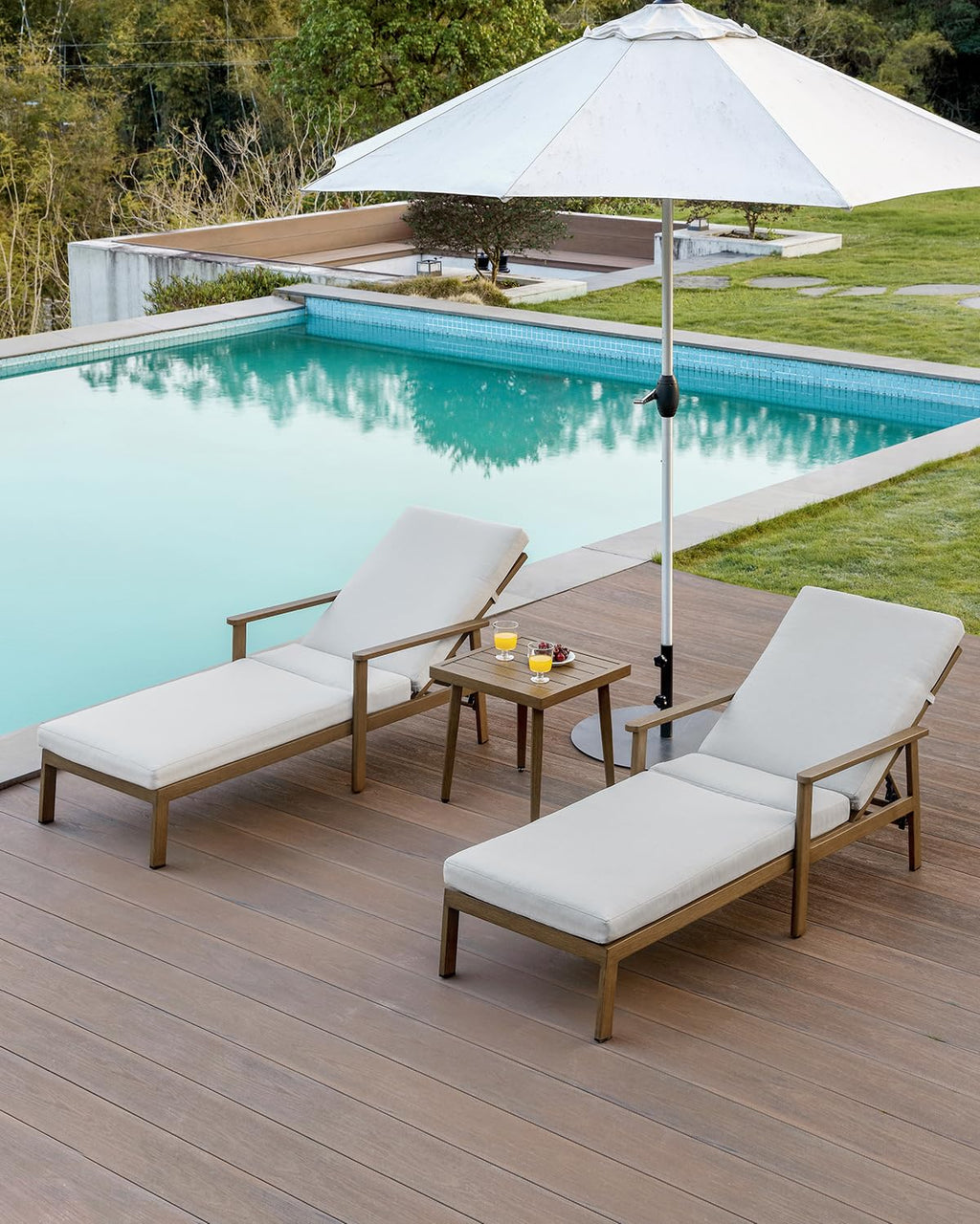 SEEHILL 2-Pack Teak Chaise Lounge Chairs, Never Rust Aluminum Outdoor Pool Lounge Chair Set with Gray Cushions, 6-Position Adjustable Patio Loungers, Outdoor Lounge Chairs for Poolside, Beach, Yard