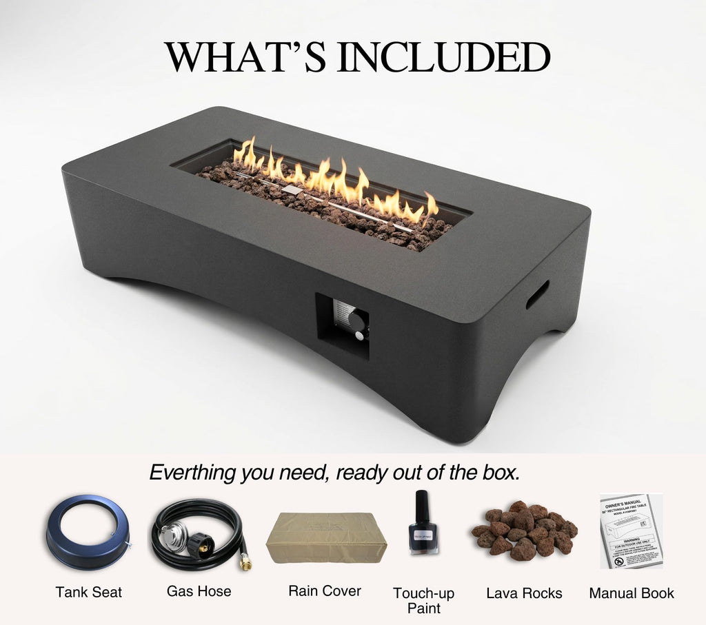KEIKI 56" Rectangular Propane Gas Fire Pit Table, 50,000 BTU Modern Outdoor Concrete Fire Table with Lava Rocks, Waterproof Cover, Tank Seat, No Assembly for Patio Backyard Deck, Dark Grey